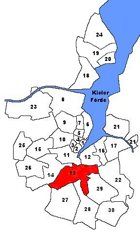 Karte von Kiel. Markiert ist der Stadtteil Gaarden-Süd/Kronsburg