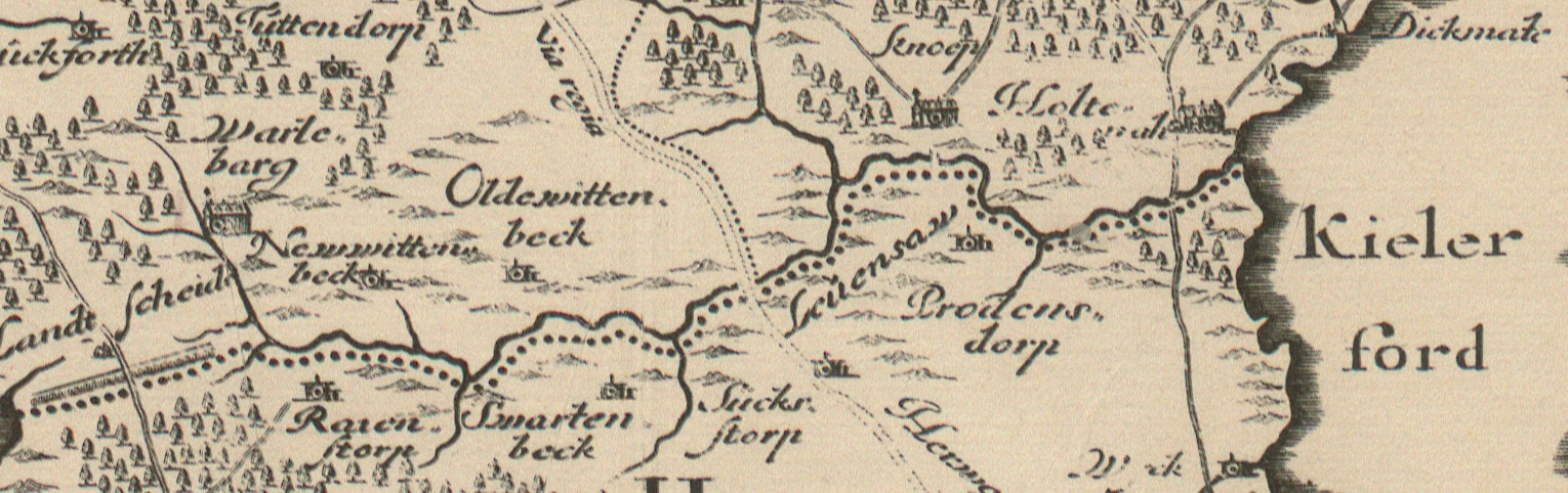 Verlauf der Levensau (Auschnitt aus einer Landkarte von 1652 (Mejer/Danckwerth) Die Levensau verläuft oberhalb der punktierten Linie, welche die Grenze der Herzogtümer bezeichnet.