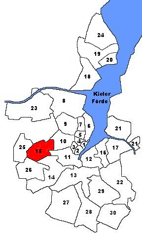 Karte von Kiel. Markiert ist der Stadtteil Hasseldieksdamm
