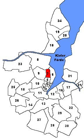 Karte von Kiel. Markiert ist der Stadtteil Blücherplatz