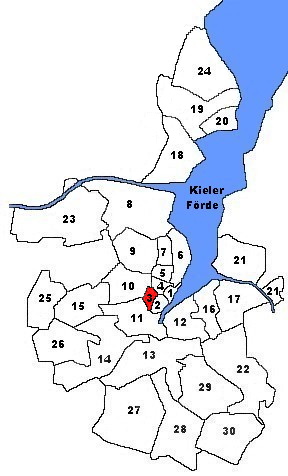 Karte von Kiel. Markiert ist der Stadtteil Exerzierplatz (Stadtteil)