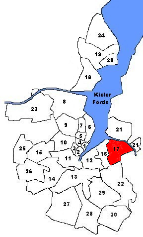 Karte von Kiel. Markiert ist der Stadtteil Wellingdorf