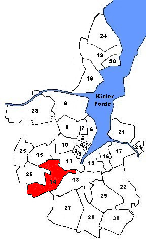 Karte von Kiel. Markiert ist der Stadtteil Hassee