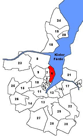 Karte von Kiel. Markiert ist der Stadtteil Düsternbrook